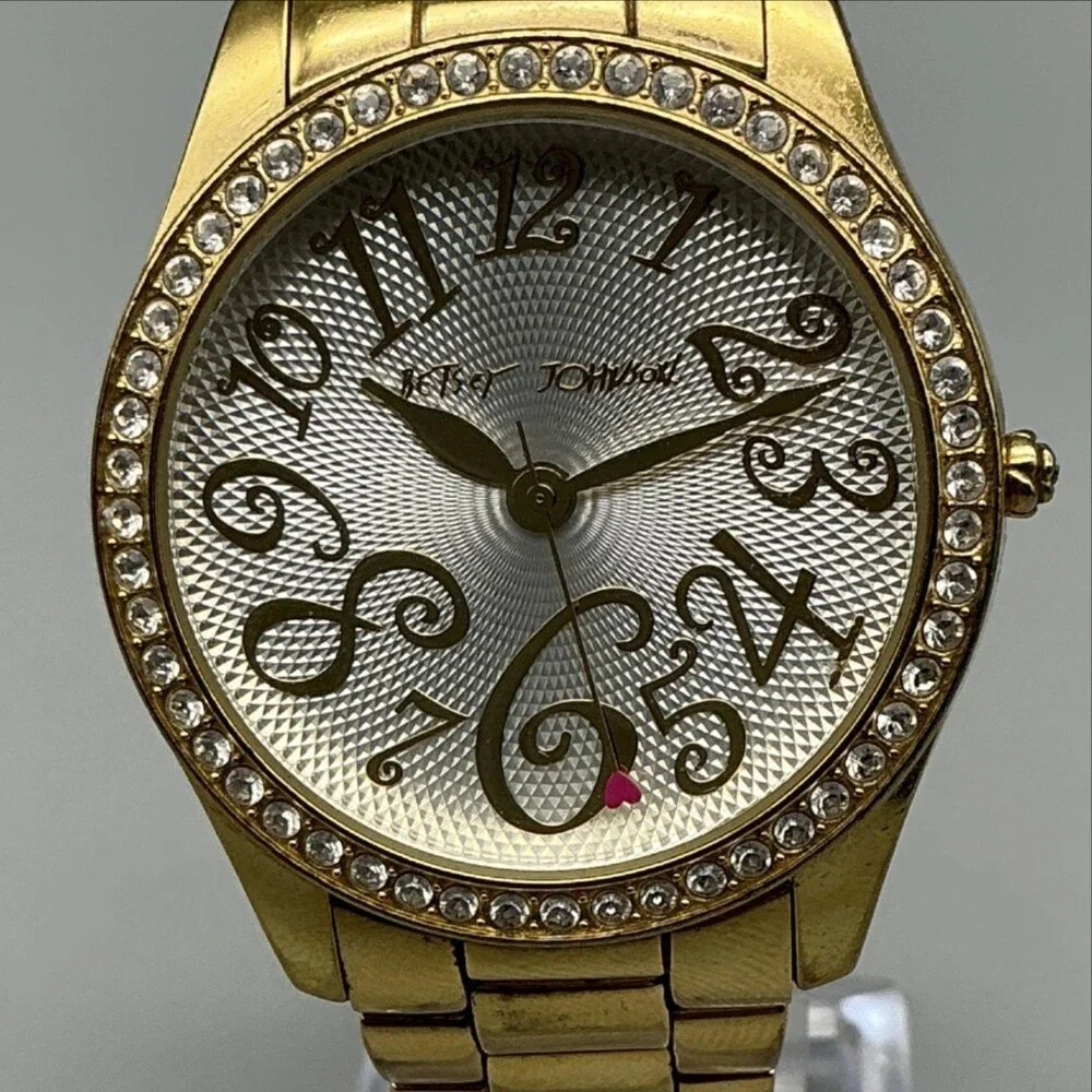 Betsey Johnson Womens Watch 39mm Silver Gold Tone Crystals New Battery 7.25